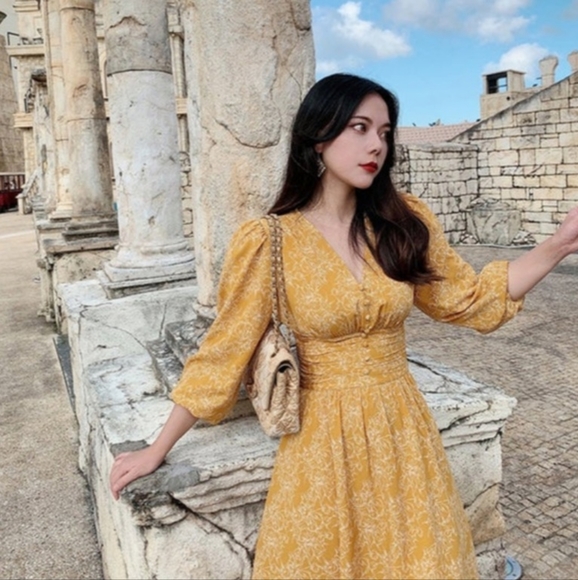 Simple French Style Dress. Summer Dress, Women's Dress. V Neck. High Waist Fitte - Picture 2 of 6